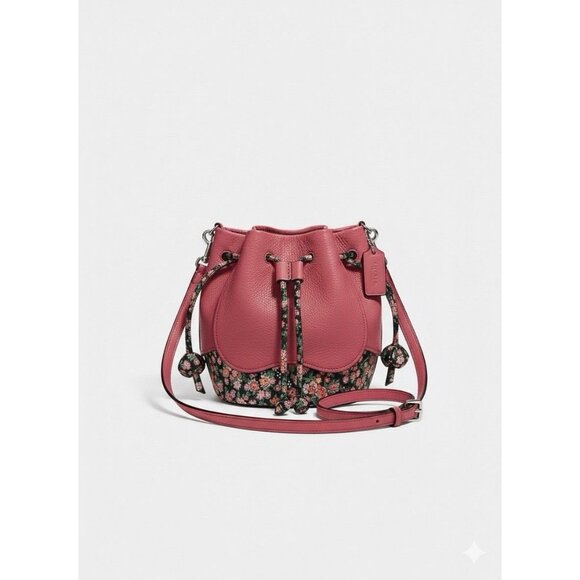 Coach Pink Petal Bag Leather Floral Mix Drawstring Bucket Bag Multicolor Tote - Picture 1 of 7